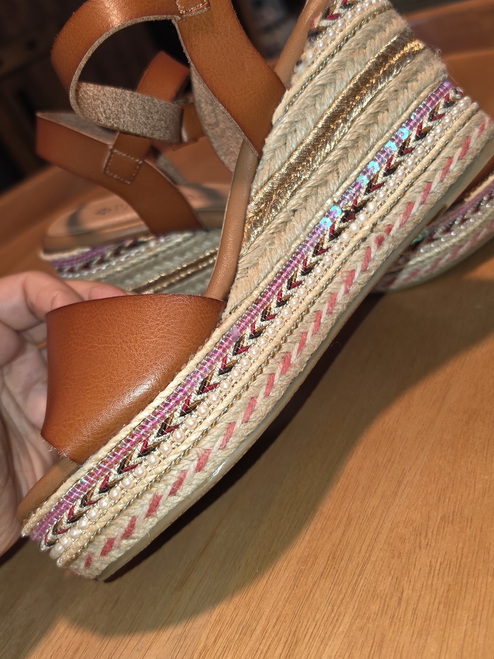 Tan Platform Espadrille Sandals with Braided Multicolor Trim